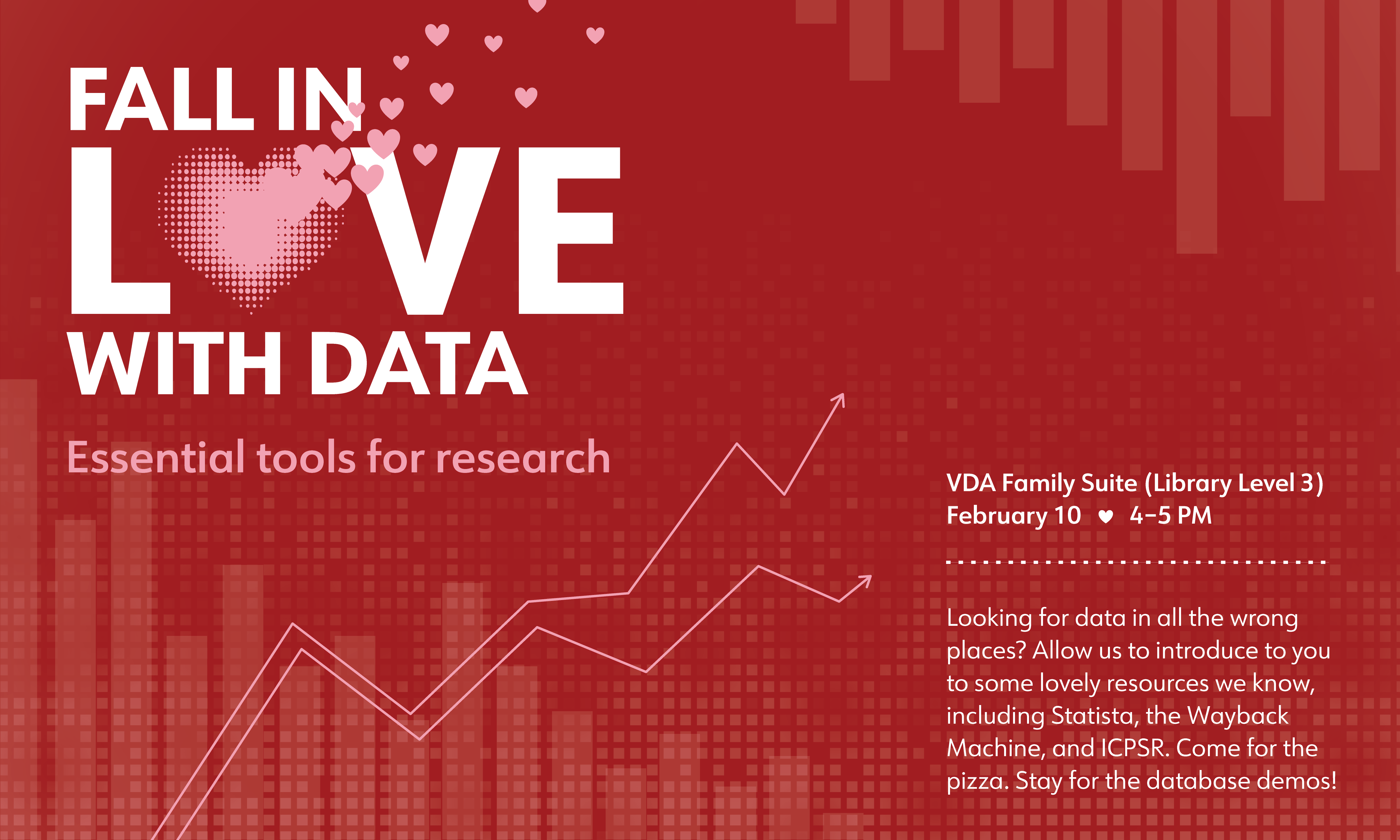 Fall in Love with Data workshop poster with hearts and graphs